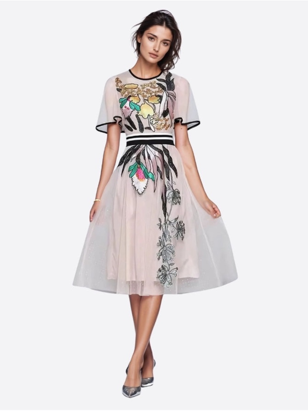 Light pink/peach Floral Embroidered Midi Dress with Pink Accents